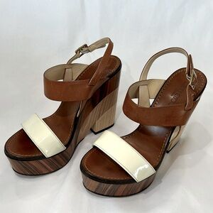 JIMMY CHOO Platform Wedges in shades of brown wood and off white